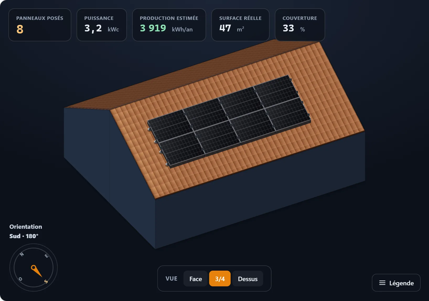 Calepinage 3D : panneaux sur une toiture deux pans en tuiles