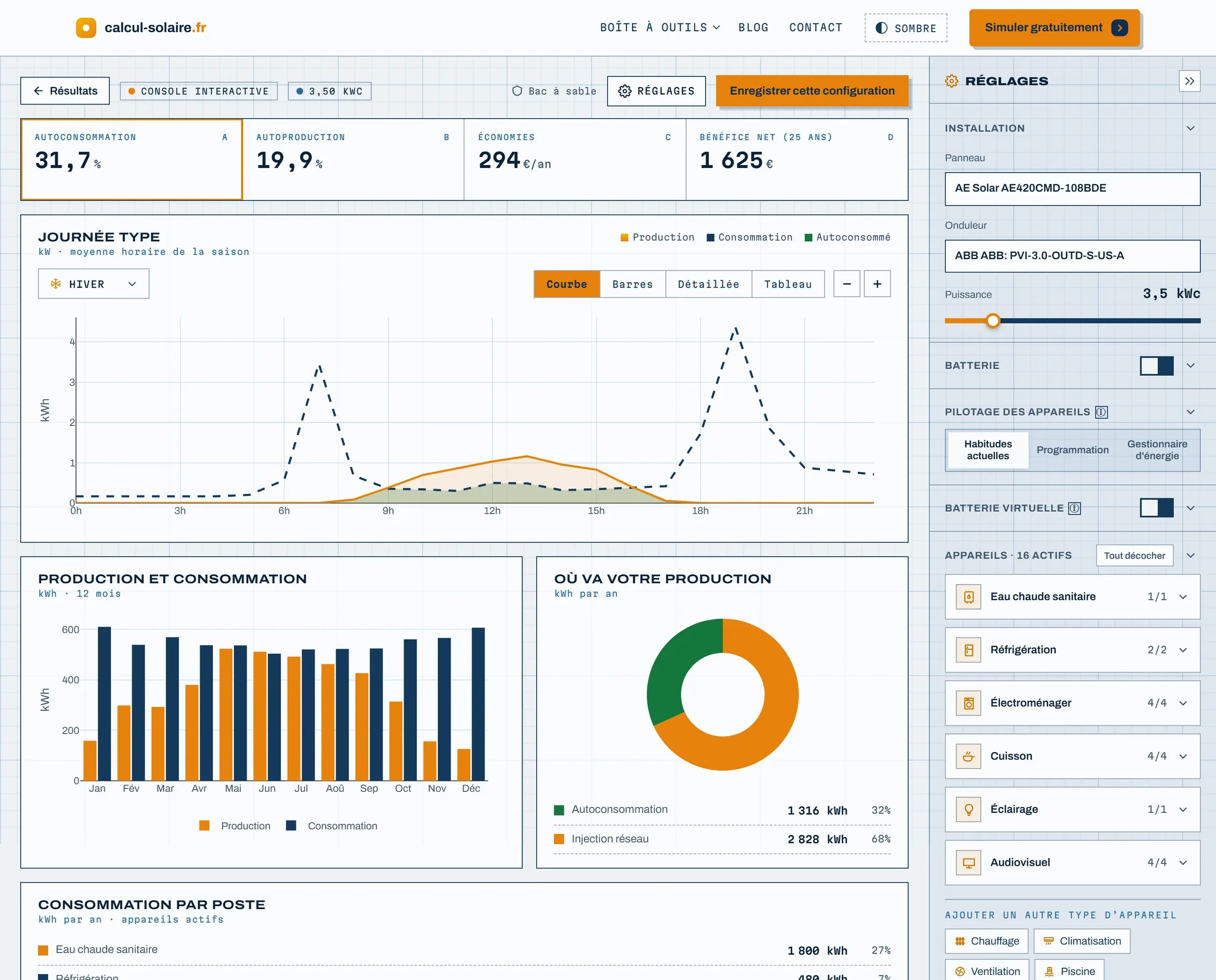Console interactive de calcul-solaire.fr : indicateurs d'autoconsommation, journée type, production mensuelle et réglages