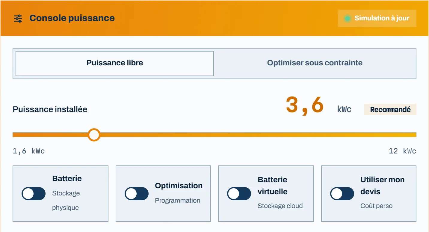 Console de puissance : curseur de puissance installée et quatre options à activer, batterie, optimisation, batterie virtuelle et devis