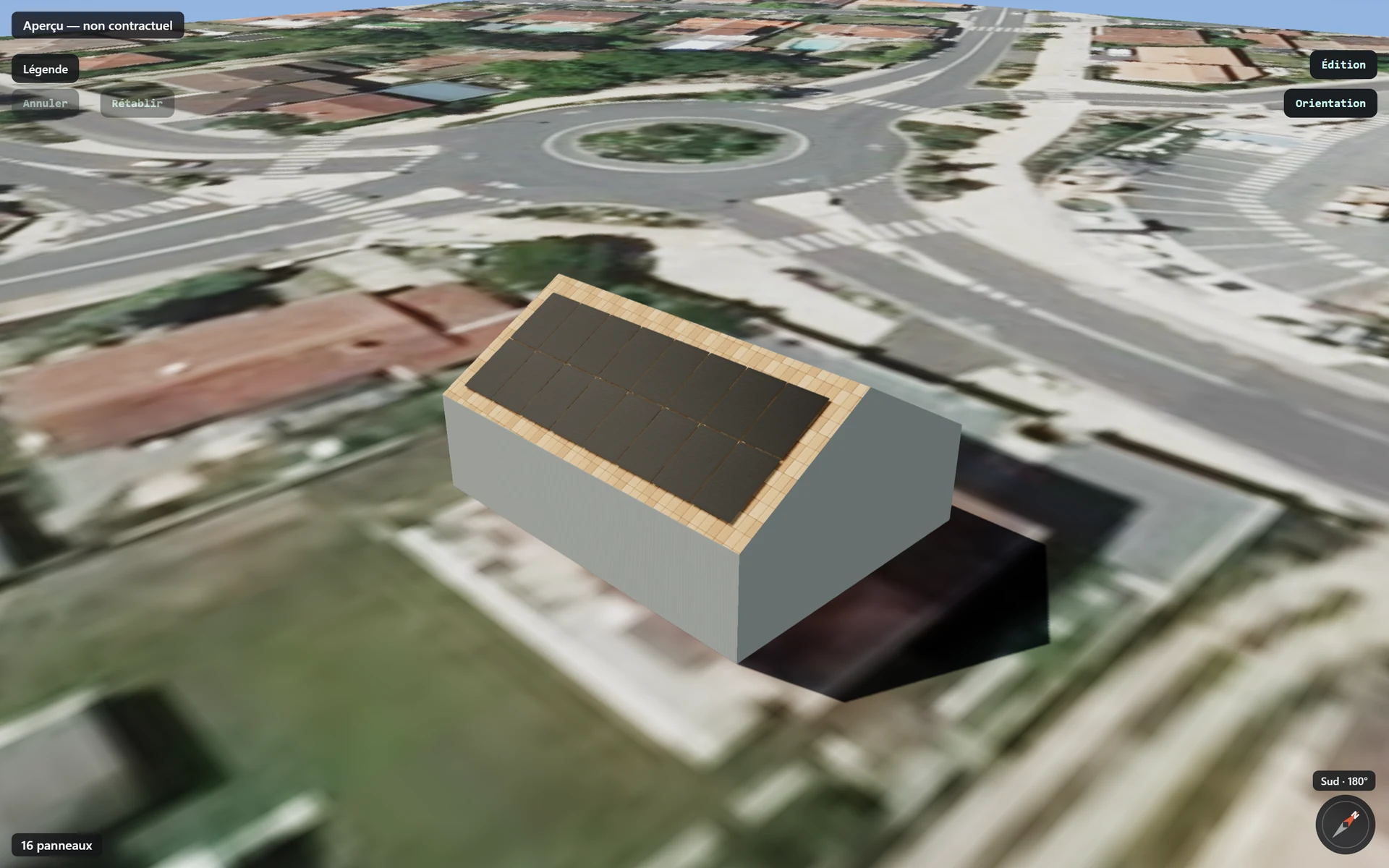 Calepinage 3D : seize panneaux posés sur la toiture d'une maison relevée au LiDAR HD, vue satellite et boussole d'orientation.