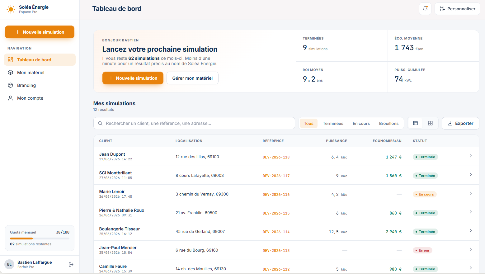 Tableau de bord de l'Espace Pro : simulations, puissance, économies et indicateurs clés