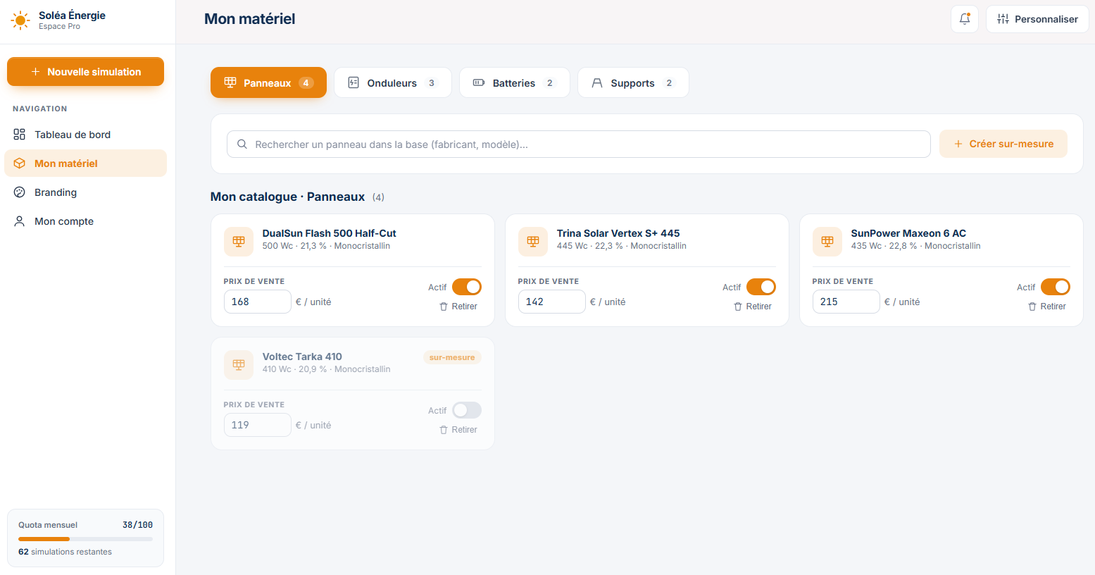 Catalogue matériel : panneaux, onduleurs, batteries et supports avec vos prix de vente