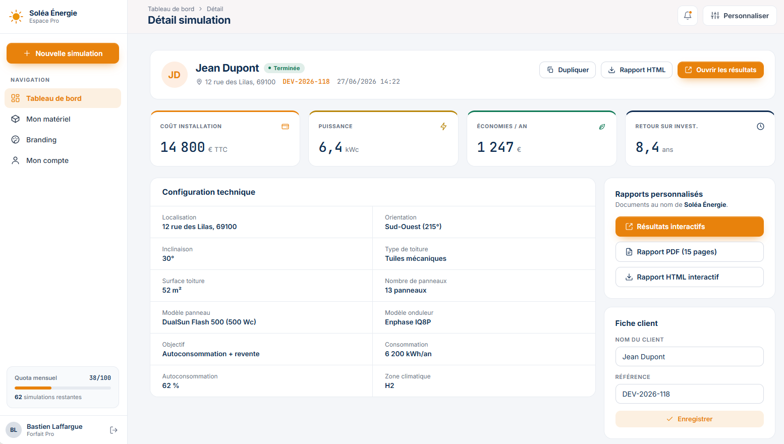 Détail d'une simulation : configuration technique, coûts, ROI et rapports exportables